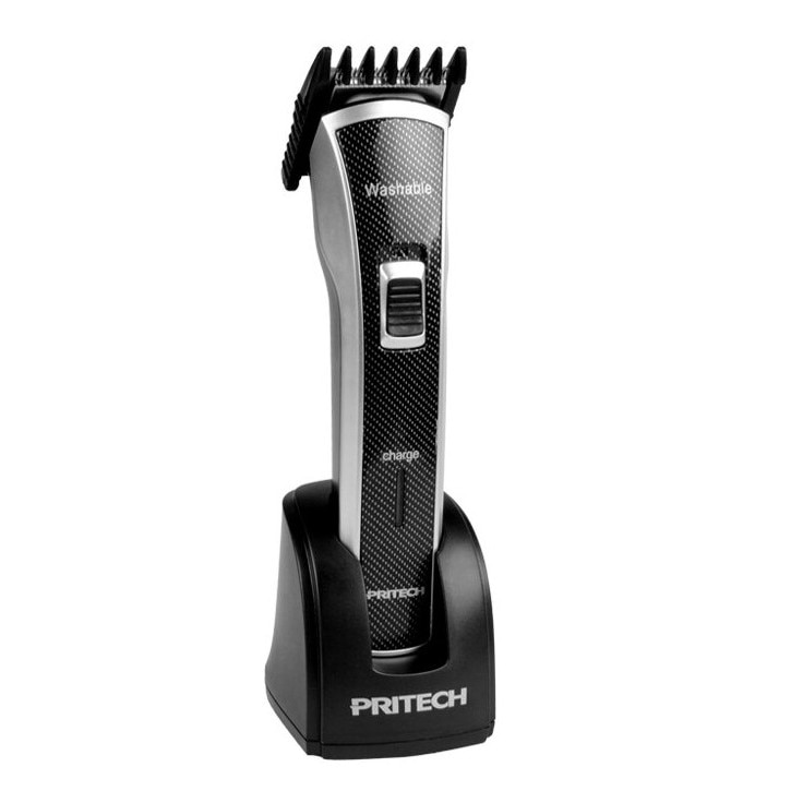 Aparat de tuns Profesional Pritech, Putere 3W, Lame din Otel Inoxidabil, Rezistent la apa, Suport pentru incarcare inclus, Tensiune 220 - 240 V, Negru