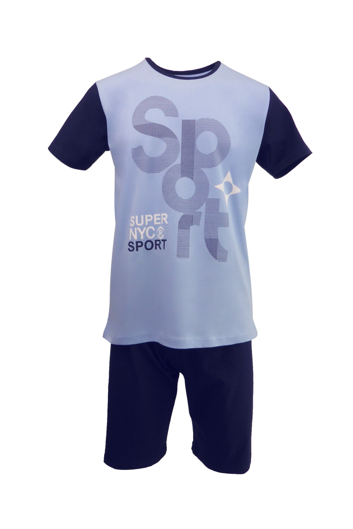 Pijama pentru barbat, UNIVERS FASHION, bluza albastru deschis cu imprimeu 'SPORT', pantaloni scurti albastru inchis uni, marime S