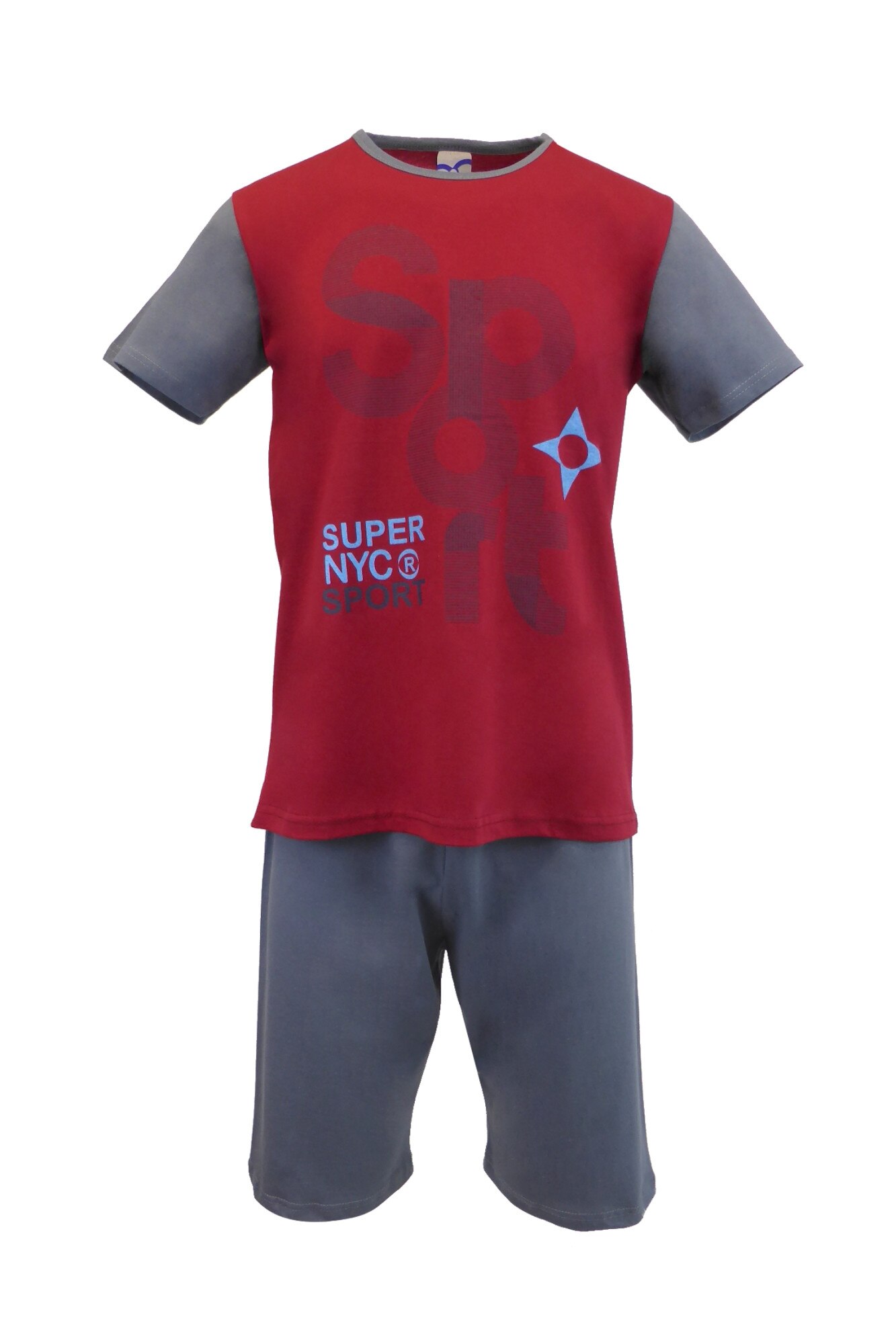Pijama pentru barbat, UNIVERS FASHION, bluza grena cu imprimeu 'SPORT', pantaloni scurti gri uni, marime S