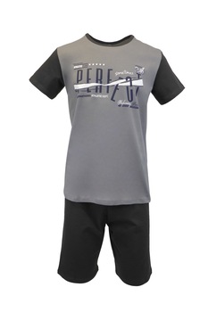 Pijama pentru barbat, UNIVERS FASHION, bluza gri cu imprimeu 'PERFECT', pantaloni scurti gri inchis uni Pijama pentru barbat, UNIVERS FASHION, bluza gri cu imprimeu 'PERFECT', pantaloni scurti gri inchis uni