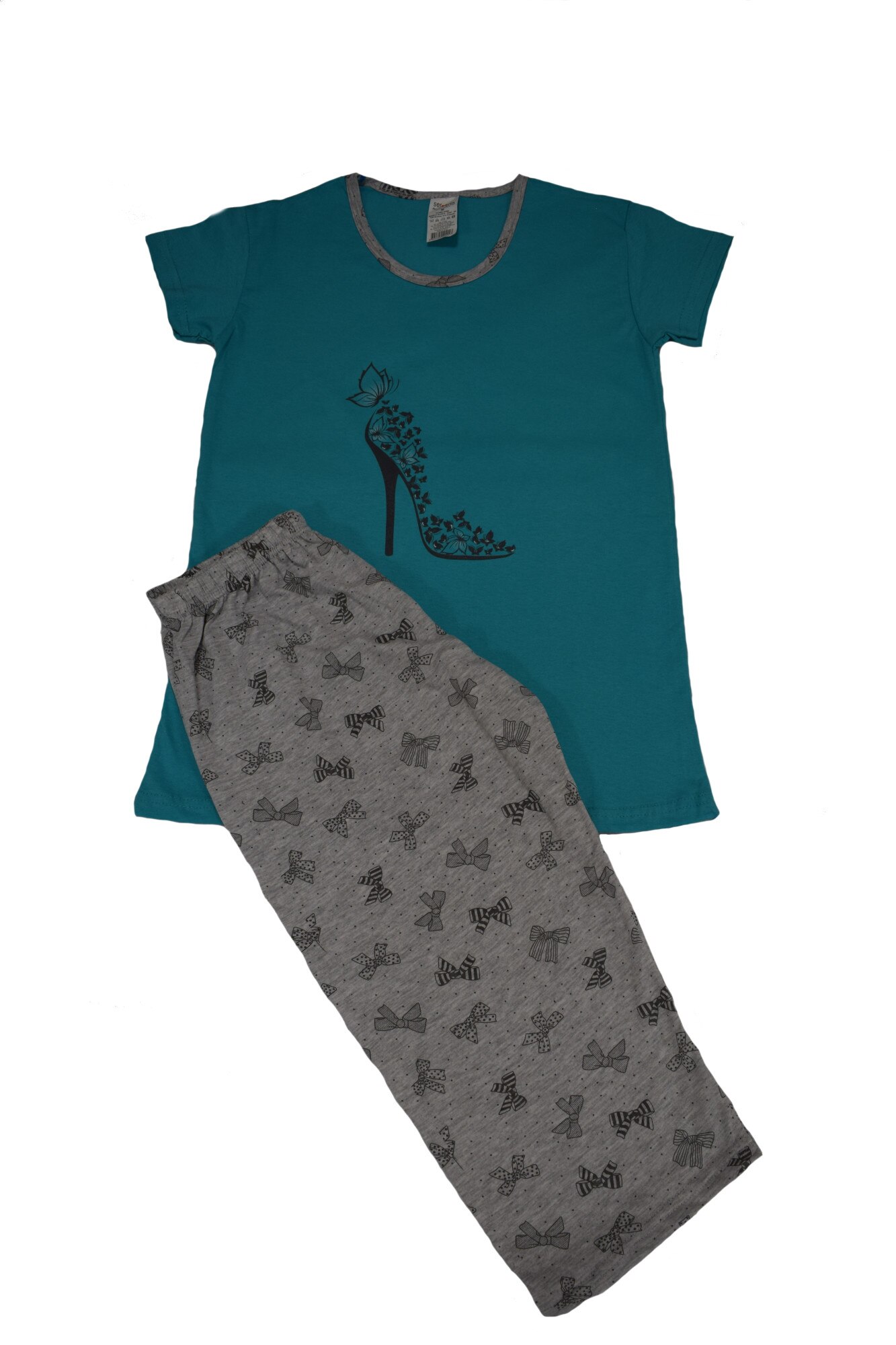 Pijama dama marca SERENA cu pantalon 3/4 si bluza cu maneci scurte imprimeu PANTOF, Turcoaz