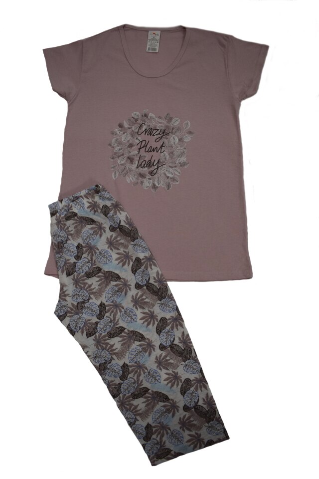 Pijama dama marca SERENA cu pantalon 3/4 si bluza cu maneci scurte imprimeu CRAZY PLANT LADY, Roz Pudra