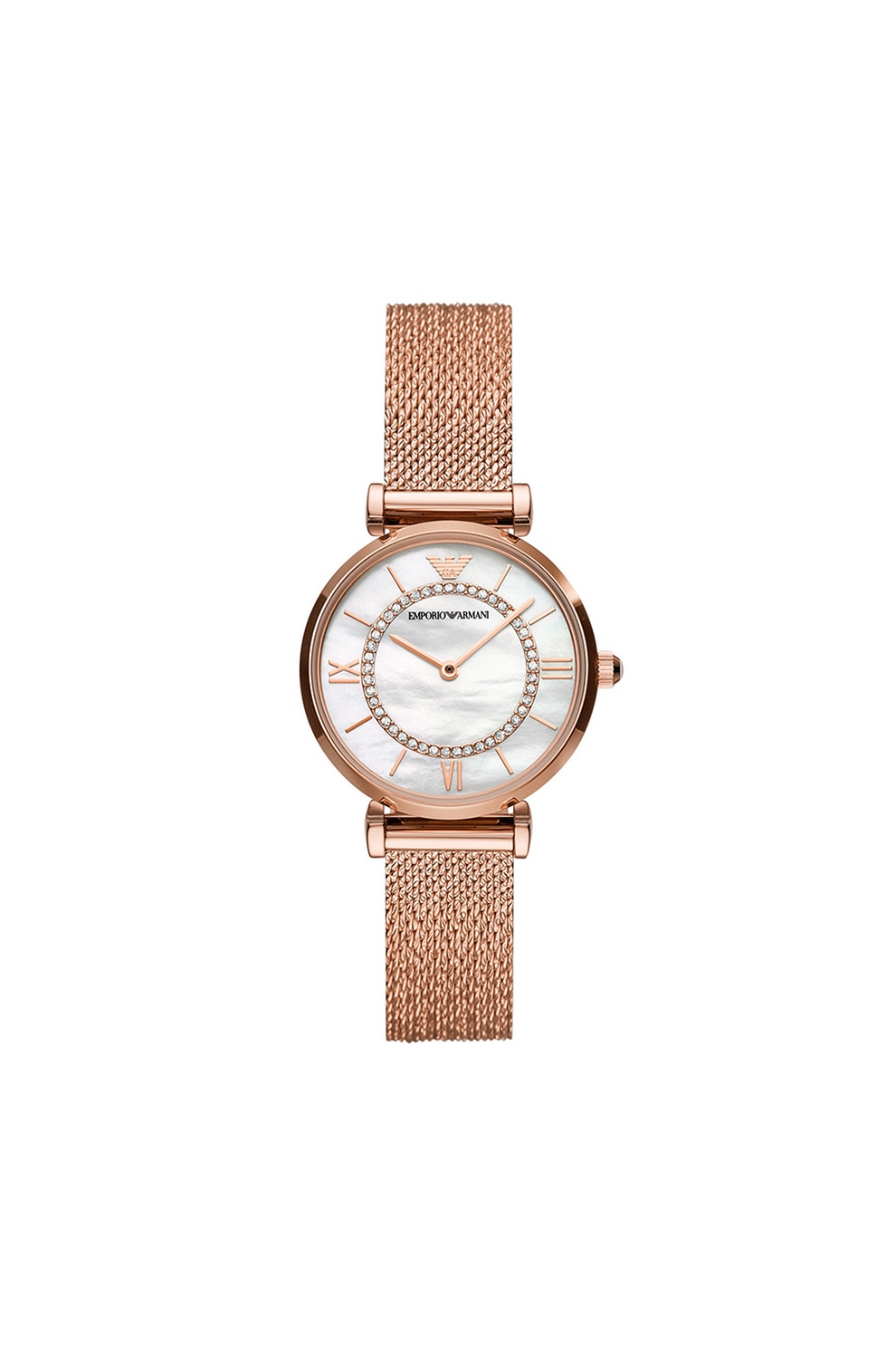Emporio Armani, Ceas de otel inoxidabil decorat cu cristale transparente, Auriu rose