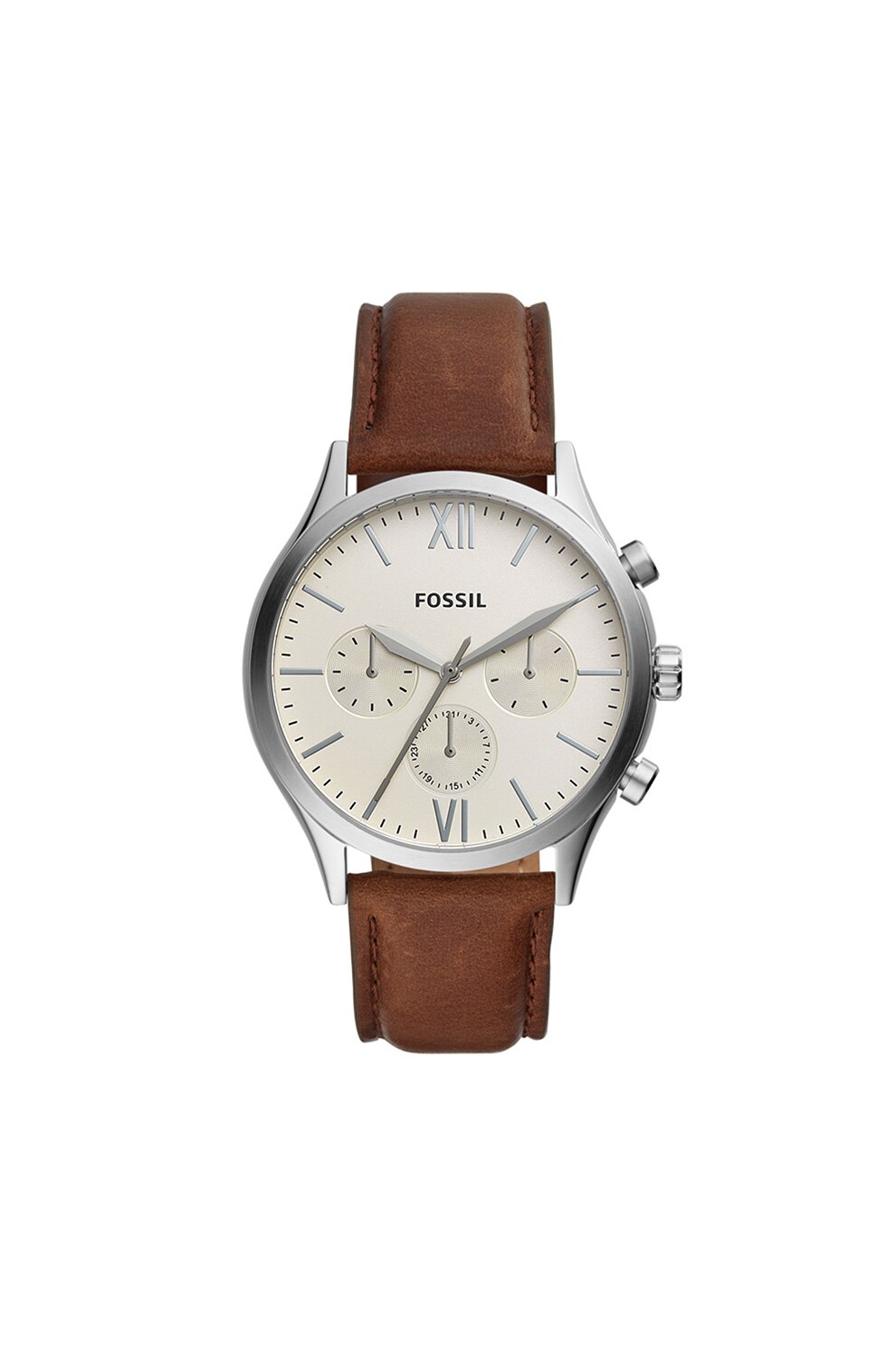 Fossil, Ceas cu functii multiple, cu o curea de piele, Maro/Argintiu