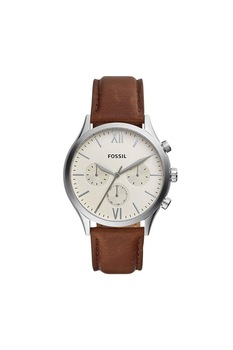 Fossil, Ceas cu functii multiple, cu o curea de piele, Maro/Argintiu Fossil, Ceas cu functii multiple, cu o curea de piele, Maro/Argintiu