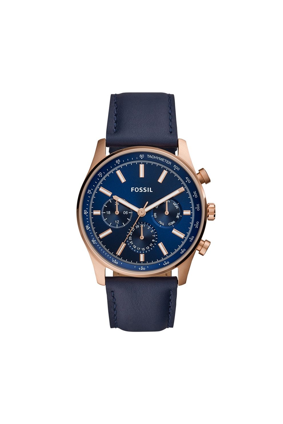Fossil, Ceas quartz cu functii multiple, cu o curea de piele, Bleumarin inchis/auriu rose