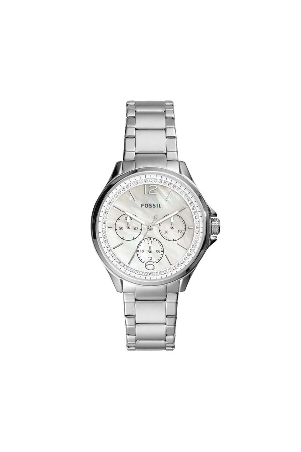 Fossil, Ceas quartz din otel inoxidabil decorat cu cristale, Argintiu