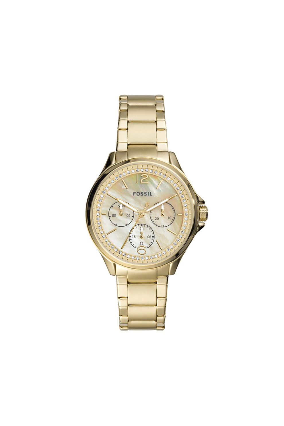 Fossil, Ceas quartz din otel inoxidabil decorat cu cristale, Auriu