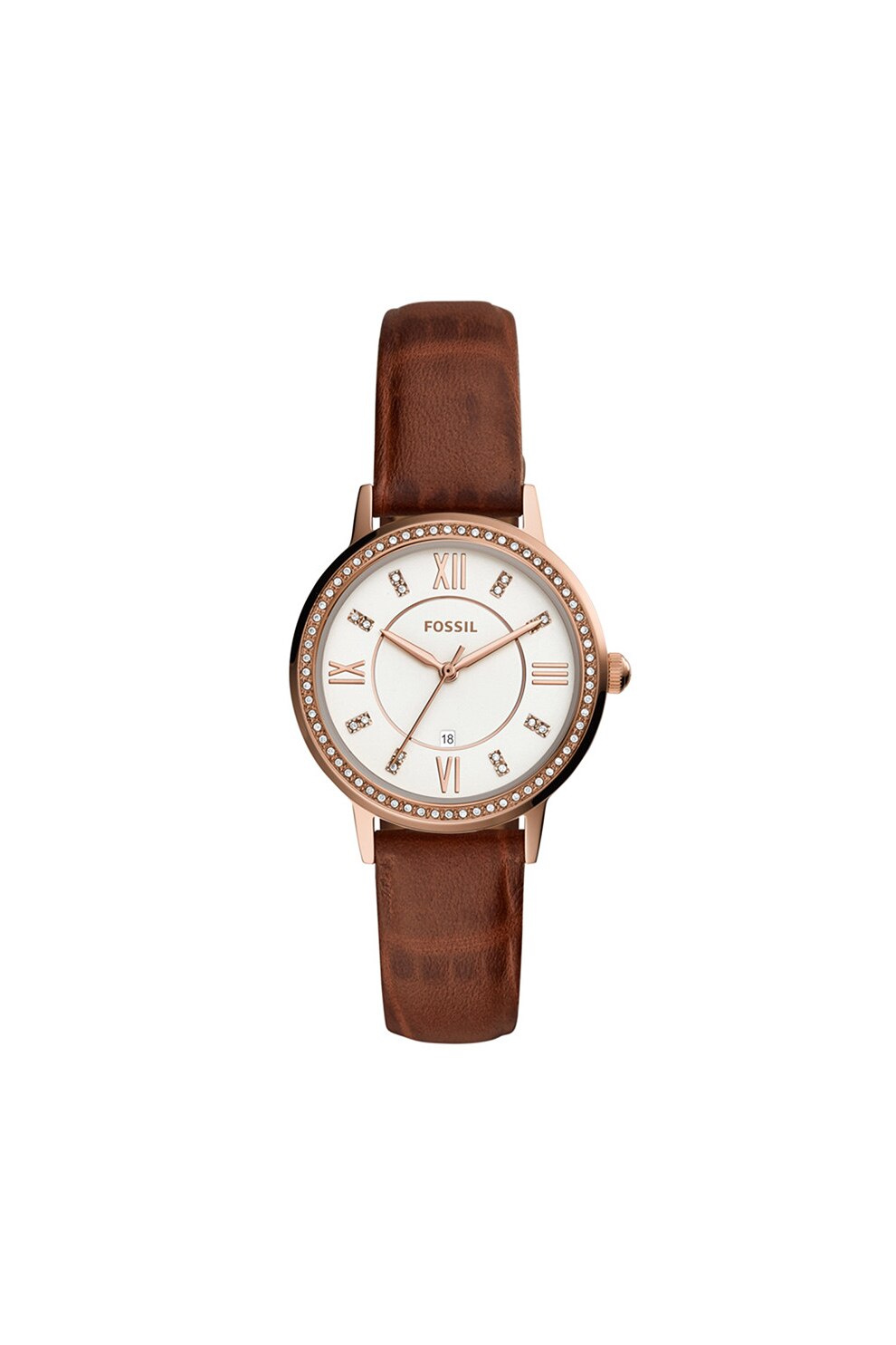Fossil, Ceas quartz decorat cu cristale, Maro coniac/Auriu rose/Argintiu