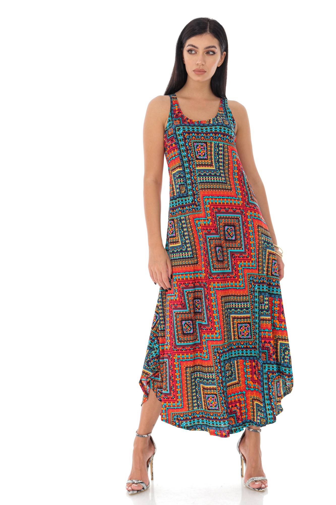 Rochie maxi, de vara, cu imprimeu aztec - Rosu - ROH - DR4190, Rosu