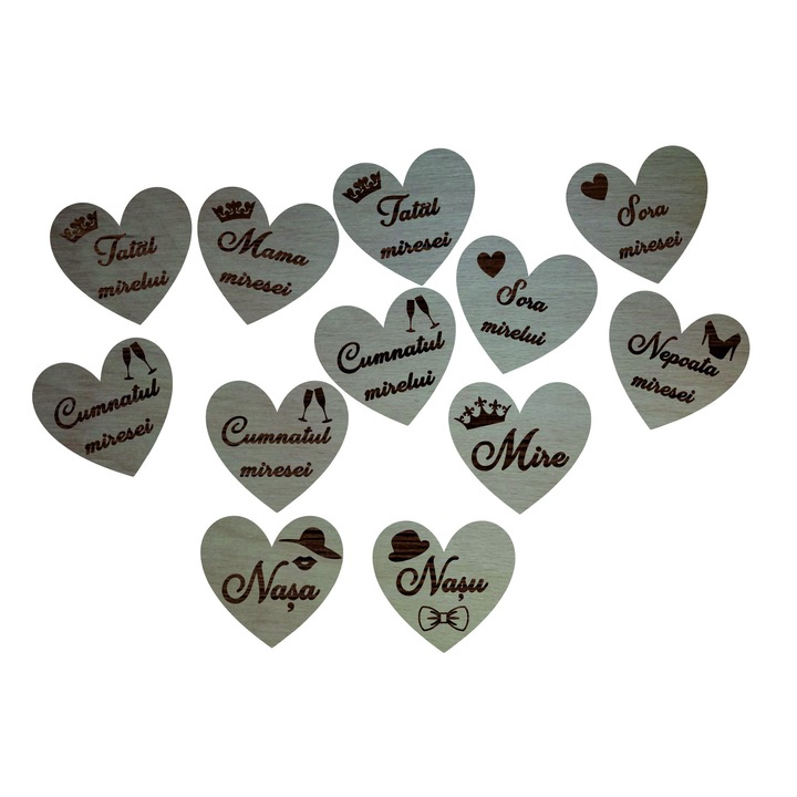 Cocarde inima personalizate tip brosa, Lemn, 5 cm