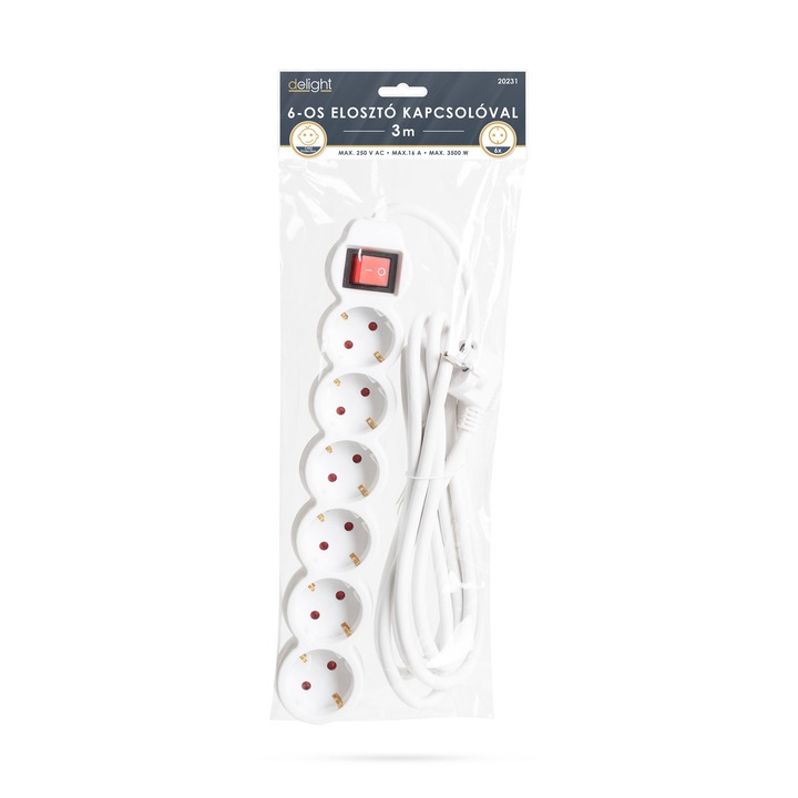Prelungitor Delight 6 cu protectie, Mufa CEE 7/7, 3 m, Alb
