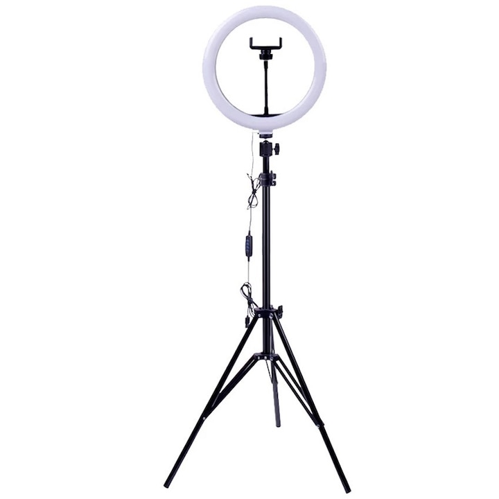 Lampa Andowl Q-L200, Make up, Photo Studio, Profesionala,160 x LED SMD, 10 trepte lumina cu trepied 1.6 M inclus, cu suport selfie si trepied, 33 cm diametru lampa