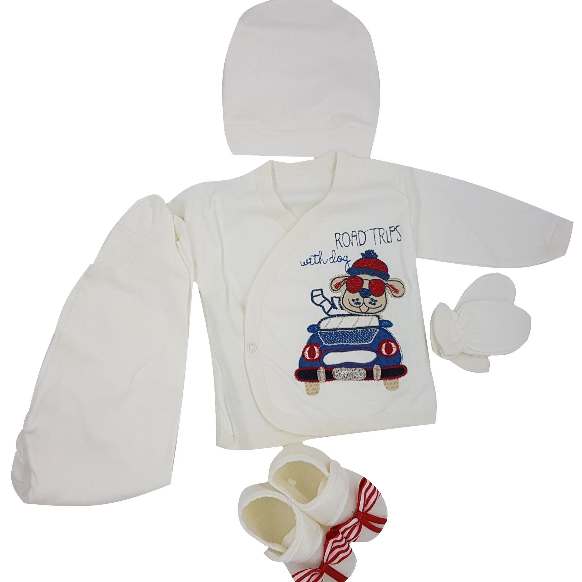 Set nou nascut, 5 piese, din bumbac, alb, 0-3 luni, 56-62 cm