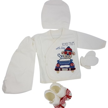 Set nou nascut, 5 piese, din bumbac, alb, 0-3 luni, 56-62 cm Set nou nascut, 5 piese, din bumbac, alb, 0-3 luni, 56-62 cm