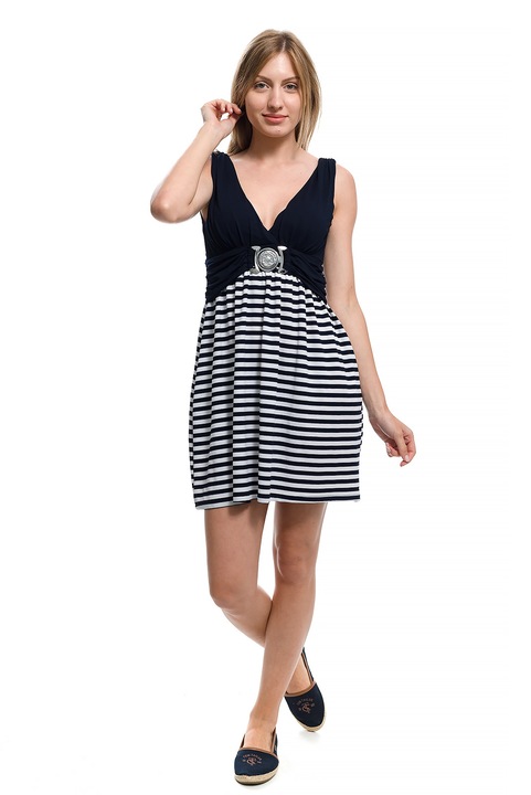 Дамска рокля Printex, Моряшка, Къса, Лятна, Висока талия, Метална тока, Тъмносин/Бял, XS