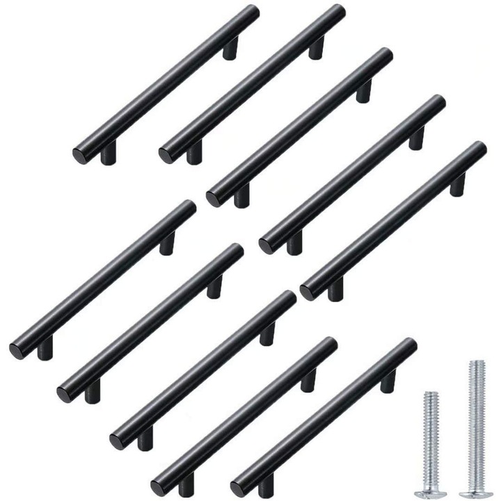 Set 10 manere din inox pentru mobilier de bucatarie, 200 mm, Negru