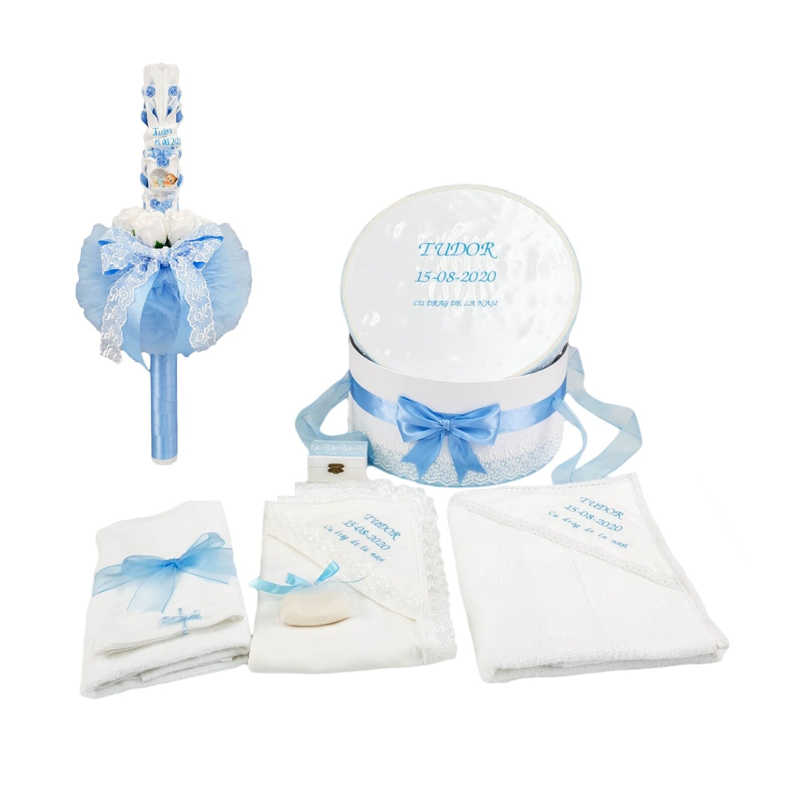 Set botez personalizat, model Tudor, trei piese bleu