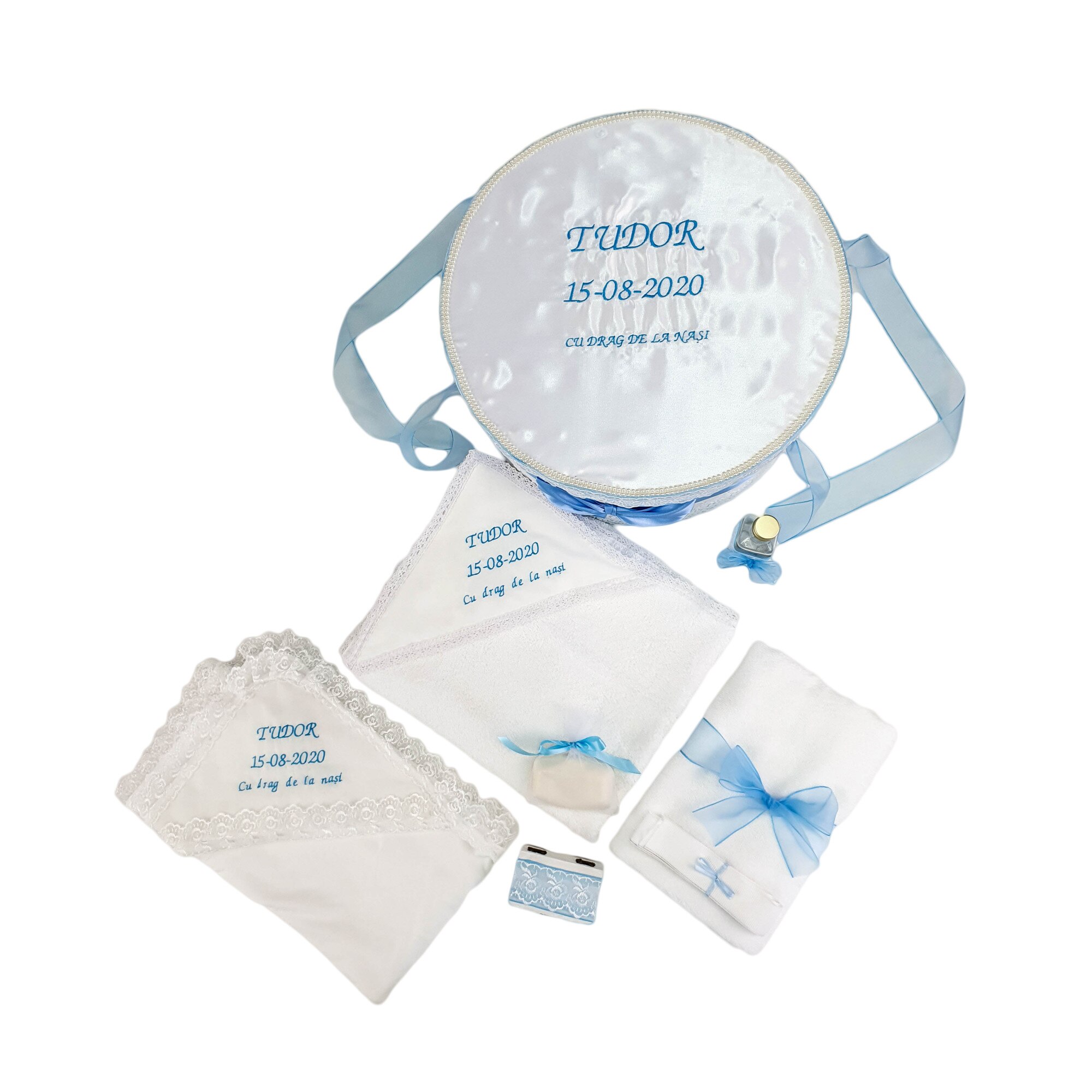 Set botez personalizat, model Tudor, culoare bleu, doua piese