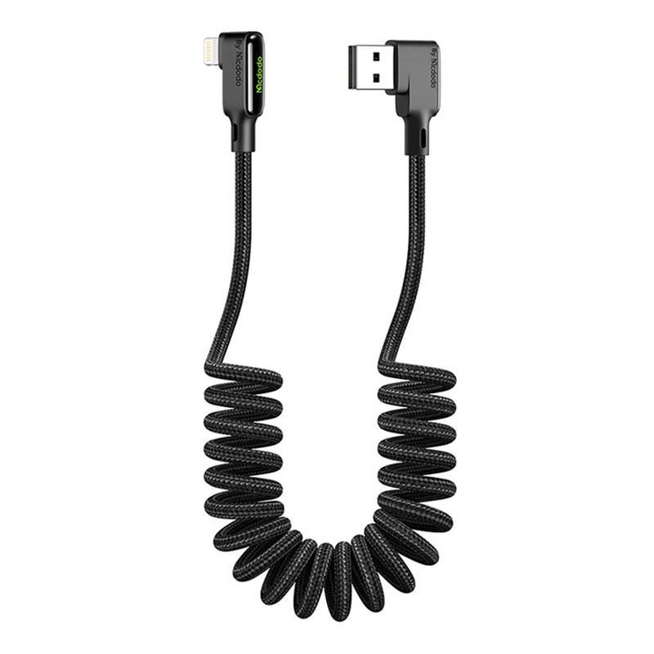 Cablu pentru incarcare si transfer date Mcdodo CA-7300, Unghi incarcare de 90 grade, Indicator LED, USB/Lightning, 3A, 1.8m, Negru