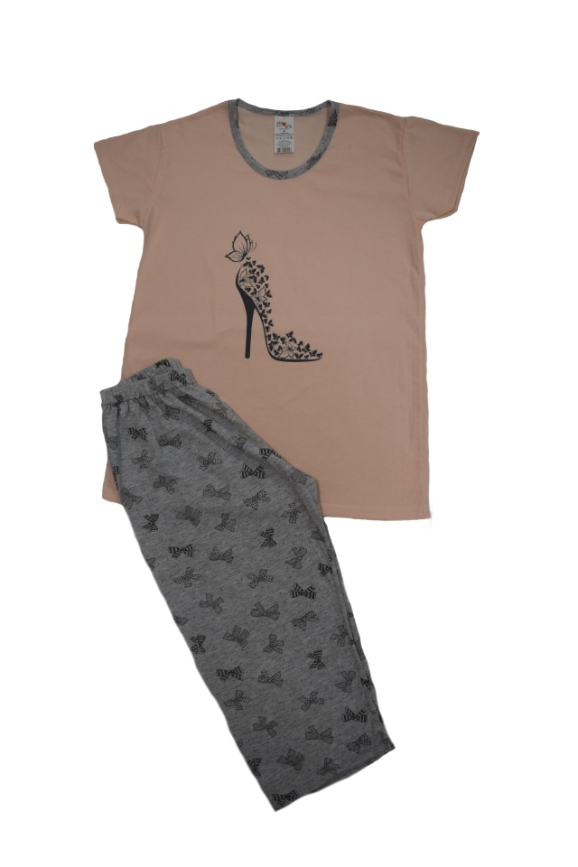 Pijama dama marca SERENA cu pantalon 3/4 si bluza cu maneci scurte imprimeu PANTOF, Roz somon