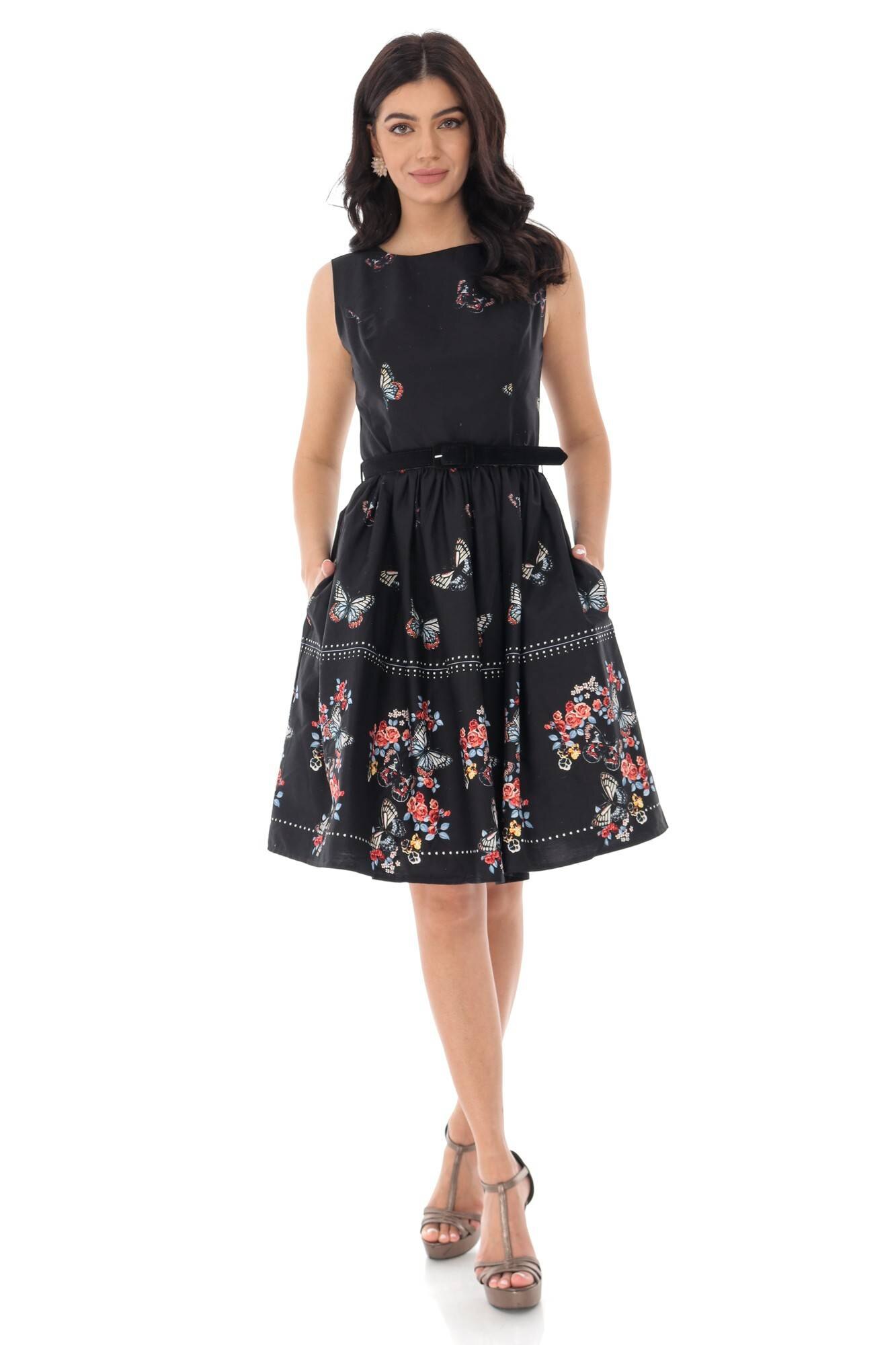 Rochie din bumbac imprimeu cu fluturi - ROH - DR4165, Negru