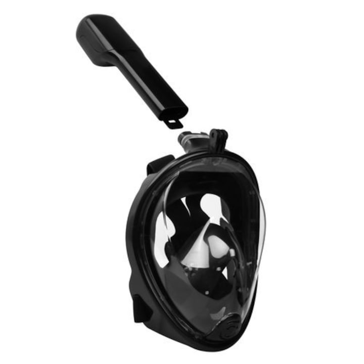 Masca snorkeling, scuba diving pe toata fata, 1 tub respiratie, masura L/XL, cu suport pentru camera, culoare neagra