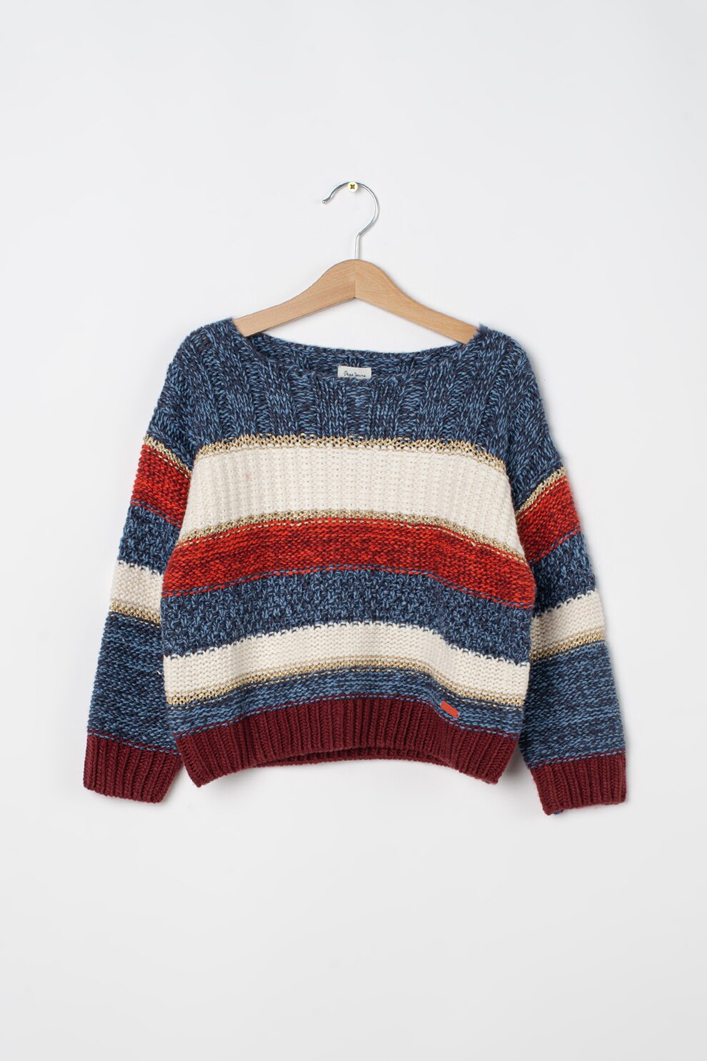 Pepe Jeans London, Pulover tricotat fin in dungi, Albastru/alb/auriu