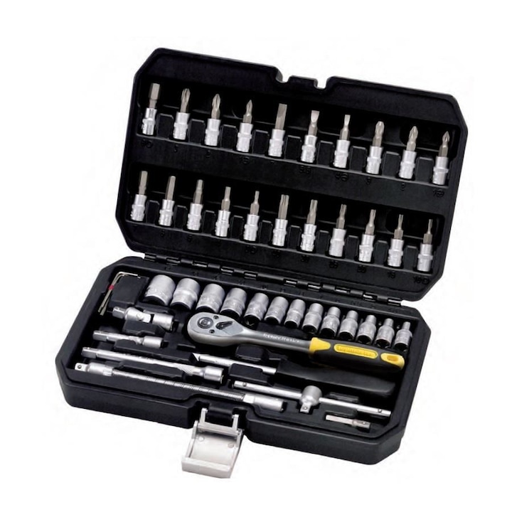 Trusa chei tubulare si biti Topmaster Profesional 339203, Cr-V, 46 piese, 1/4, antrenor cu clichet