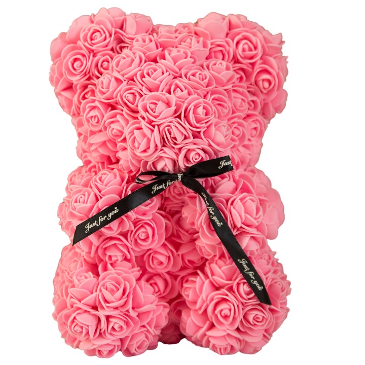 Ursulet din Trandafiri Roz Decorat Manual, 25cm, cutie cadou