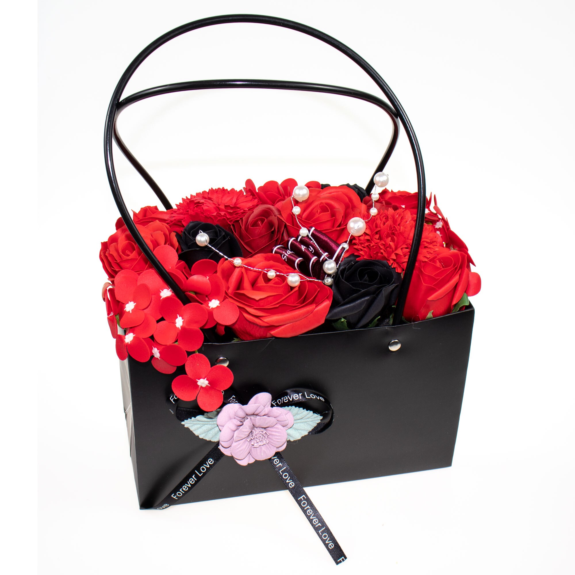 Aranjament floral cu trandafiri multicolori din sapun , CD2570-Rosu