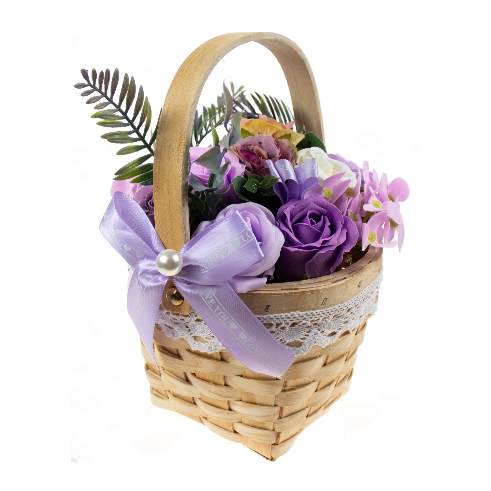 Aranjament floral cu trandafiri multicolori din sapun, SF080-Mov