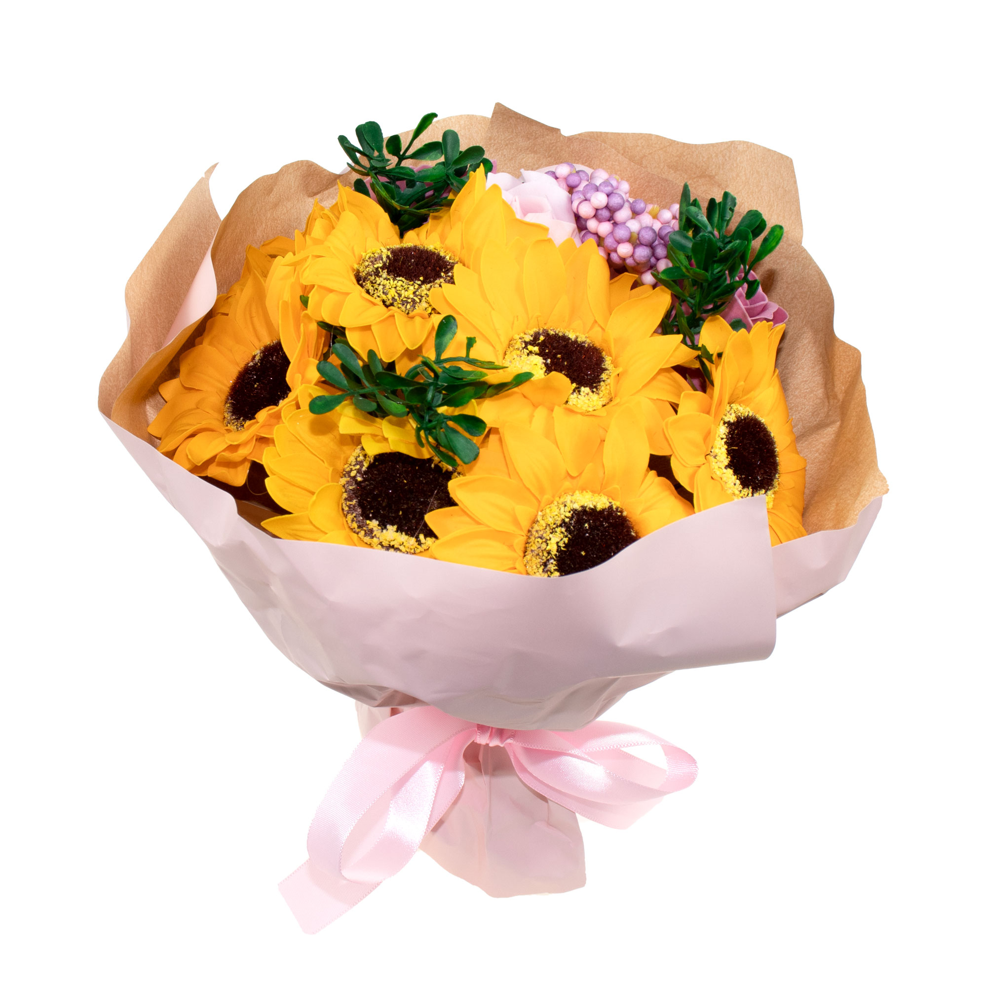 Buchet multicolor 7 Floarea soarelui + 4 Trandafiri din sapun, CD4450, Roz