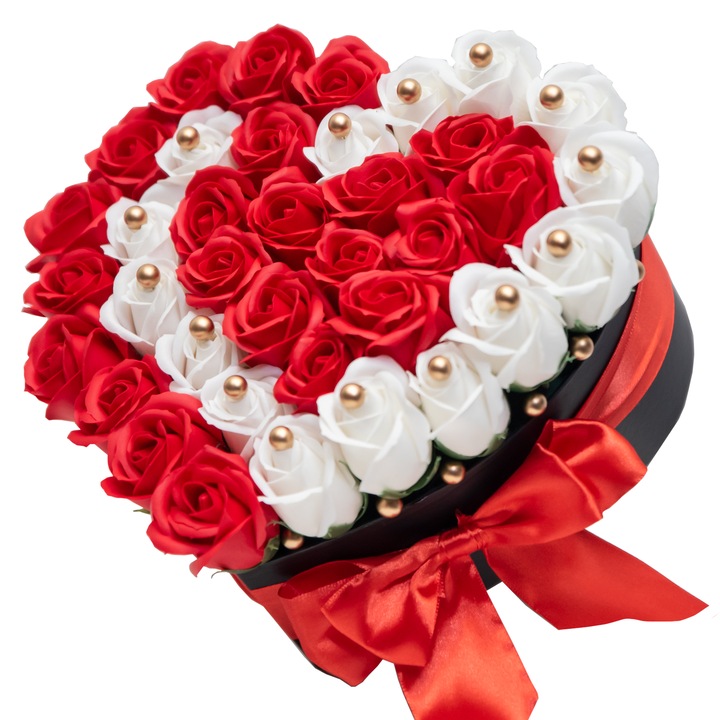 Флорална аранжировка със сапунени рози, червено и бяло, 37 нишки, кутия сърце