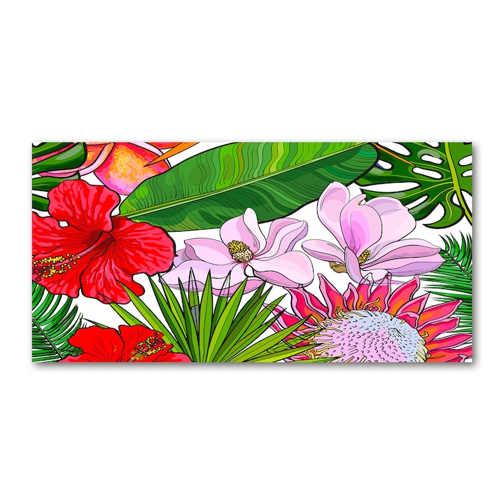 Tablou pe sticla, Tulup, Decorarea peretilor Flori hawaiene, 100x50 cm 12