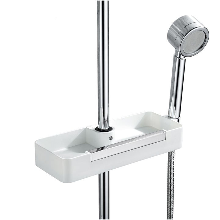 Etajera Aquasanit CONCEPT, pentru seturi de dus si coloane de dus, montare pe bara de dus, include stergator pentru cabina de dus si suport pentru para de dus,ABS alb, pentru bare de dus cu diametrul ø22-24-25 mm