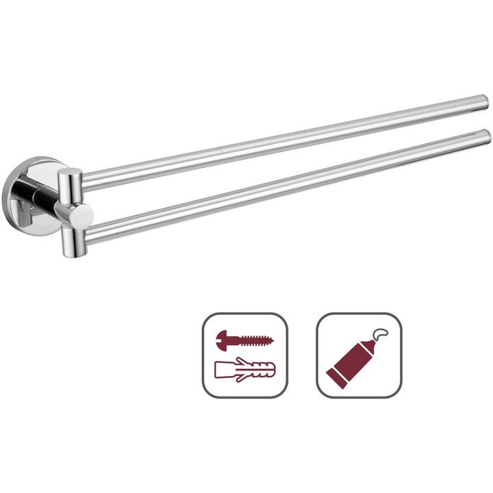 Suport pentru prosoape Aquasanit SHELL, 2 brate mobile, zamac cromat, crom lucios, montaj cu dibluri si suruburi