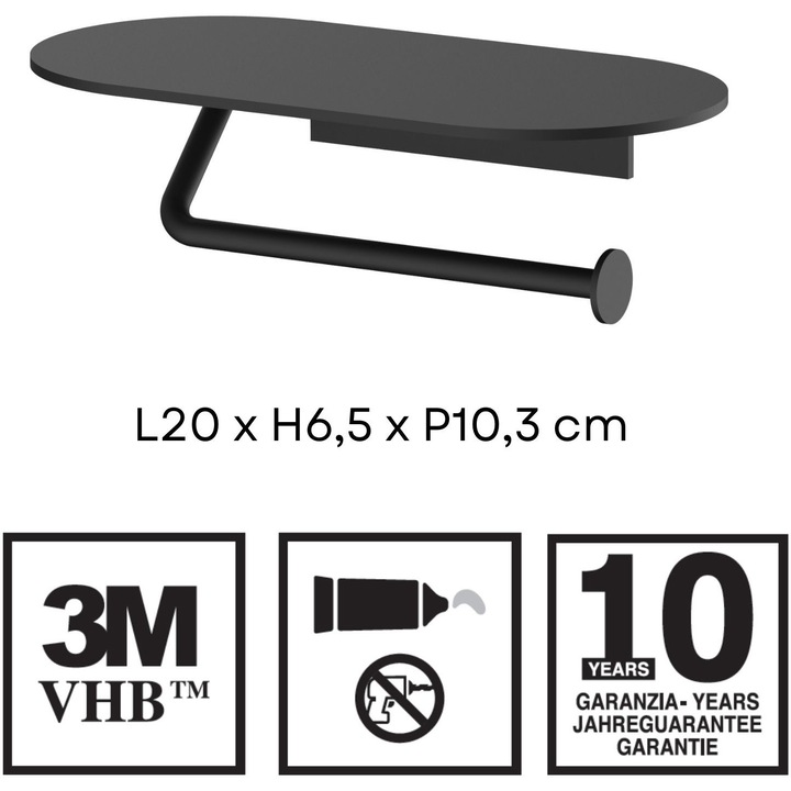 Стойка за тоалетна хартия Aquasanit EVOLUTION, С етажерка, Алуминиева, Матово черно, Монтаж с двойна самозалепваща лента (включена)