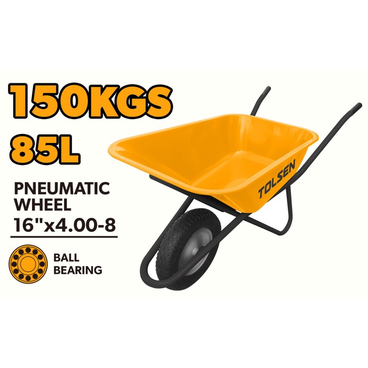 Roaba TOLSEN Industrial 85L, capacitate incarcare 150kg, roata pneumatica 16"x4"-8, cuva otel 0.9mm, maner 1.2x32mm, dimensiuni 1400x610x595mm, anvelopa cu profil diamant