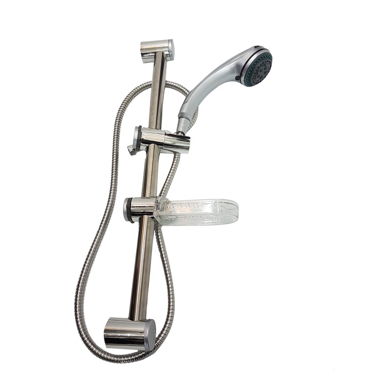 Suport canula dus cu furtun si savoniera, cu aspect cromat