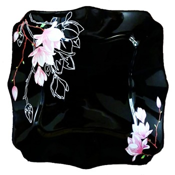 Set 6 Farfurii negre patrate,opal,22cm,imprimeu floral magnolie Set 6 Farfurii negre patrate,opal,22cm,imprimeu floral magnolie
