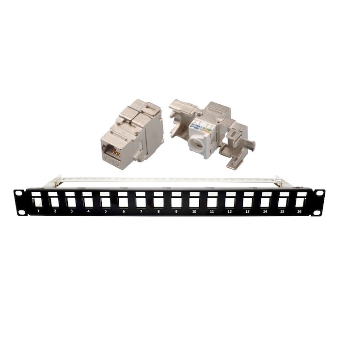 Patch panel 19" modulárisan felszerelt cat6A 10GB LanKATT FTP / STP 16port x RJ45, 1U, önbeilleszthető, árnyékolt, 500Mhz, integrált kábeltartó - 10 Gigabit