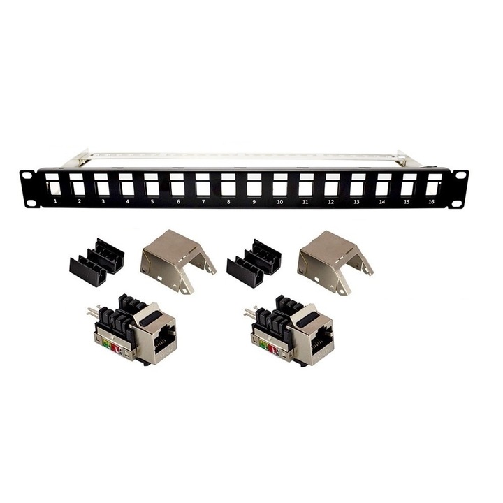 Patch panel 19" modulárisan felszerelt cat5e LanKATT FTP / STP 16port x RJ45, 1U, TYPE 110, árnyékolt, integrált kábeltartó