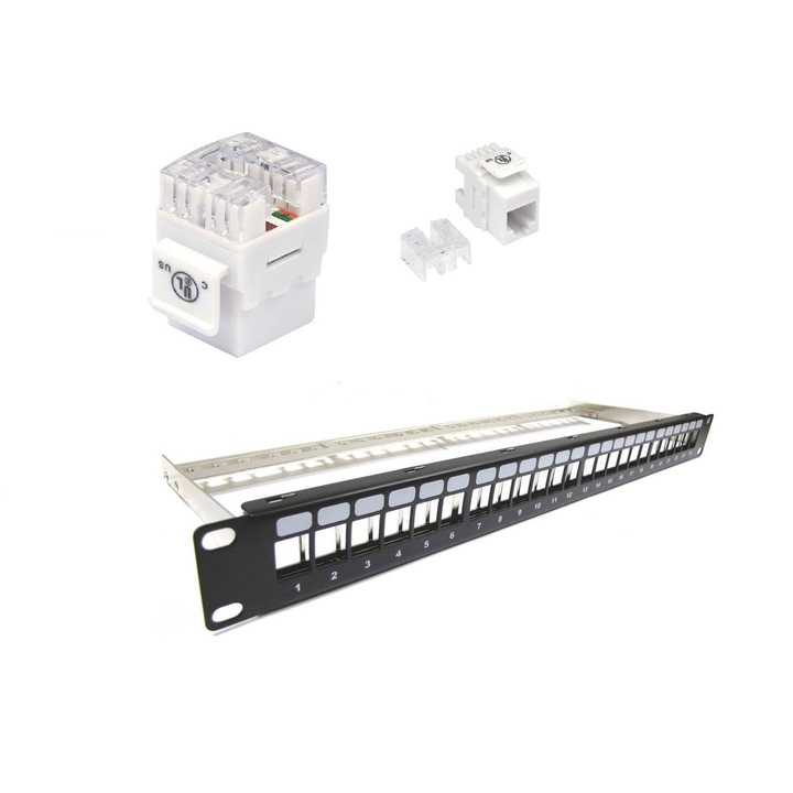 Пач панел LanKATT, 19", Модулен, Оборудван, cat5e, UTP, 24 порта x RJ45, 1U, Неекраниран, Интегрирана кабелна поддръжка