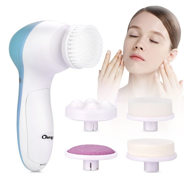 Aparat tip perie 5 in 1 portabil multifunctional de curatare si ingrijire eficienta a fetei, rezistent la apa, cu 5 capete de periere si exfoliere