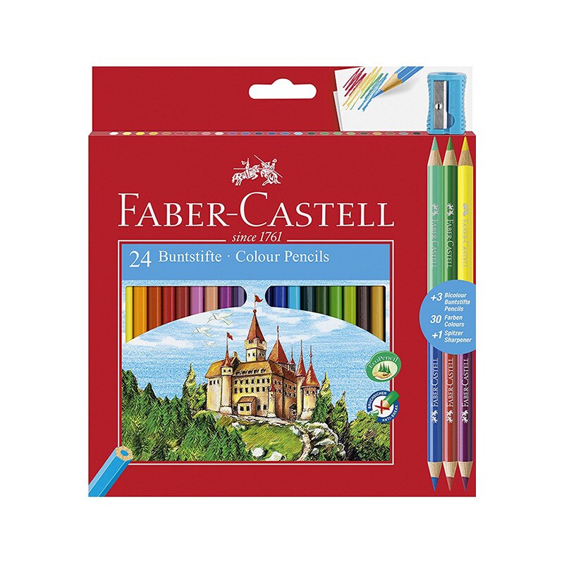 Creioane colorate 24 culori Faber Castell + ascutitoare si 3 creioane bicolore 110324