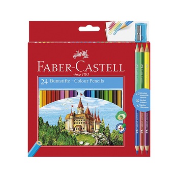 Creioane colorate 24 culori Faber Castell + ascutitoare si 3 creioane bicolore 110324 Creioane colorate 24 culori Faber Castell + ascutitoare si 3 creioane bicolore 110324