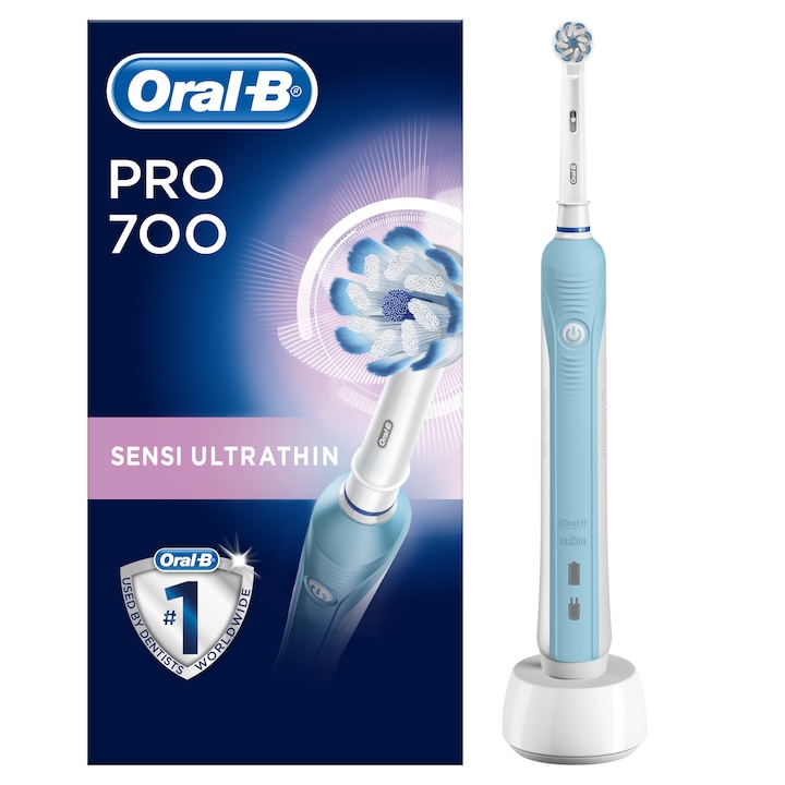 Oral-B PRO 700 Sensi Ultravékony Elektromos Fogkefe, 40000 Impulzus/Perc, 8800 Rezgés/Perc, 3D Tisztítás, 1 Program, 1 Fej, Fehér/Kék
