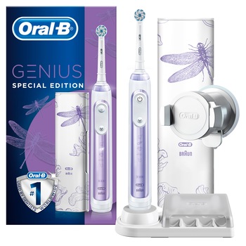 Periuta de dinti electrica Oral-B Genius 10, 40000 pulsatii/min, 8800 oscilatii/min,Curatare 3D, 6 programe, 1 capat, Bluetooth, Detectarea pozitiei, Trusa de calatorie cu port USB, Suport Smartphone, Mov Dragon Fly Periuta de dinti electrica Oral-B Genius 10, 40000 pulsatii/min, 8800 oscilatii/min,Curatare 3D, 6 programe, 1 capat, Bluetooth, Detectarea pozitiei, Trusa de calatorie cu port USB, Suport Smartphone, Mov Dragon Fly
