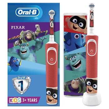Periuta de dinti electrica Oral-B Vitality Pixar pentru copii 7600 oscilatii/min, Curatare 2D, 2 programe, 1 capat, 4 stickere incluse, Trusa de calatorie, Rosu Periuta de dinti electrica Oral-B Vitality Pixar pentru copii 7600 oscilatii/min, Curatare 2D, 2 programe, 1 capat, 4 stickere incluse, Trusa de calatorie, Rosu